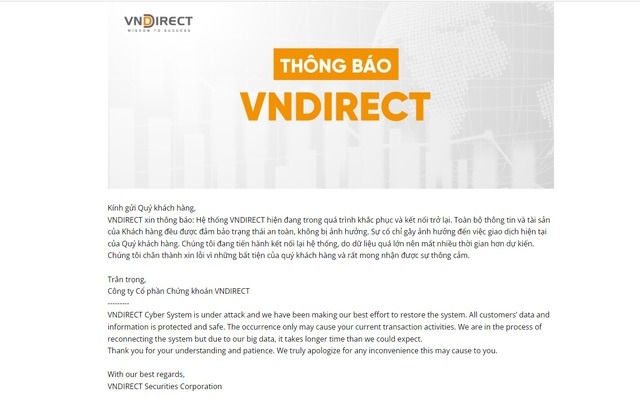 Tình trạng website của VNDirect lúc 20 giờ 30 hôm nay (Ảnh chụp màn hình)