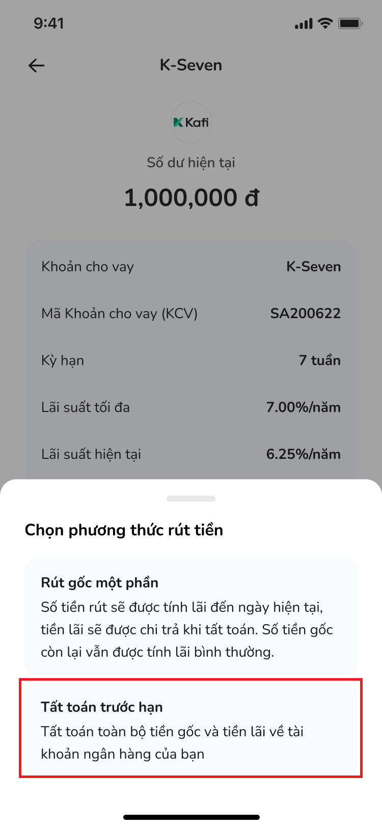 Chọn nút “Rút tiền” và Chọn “Tất toán trước hạn” 