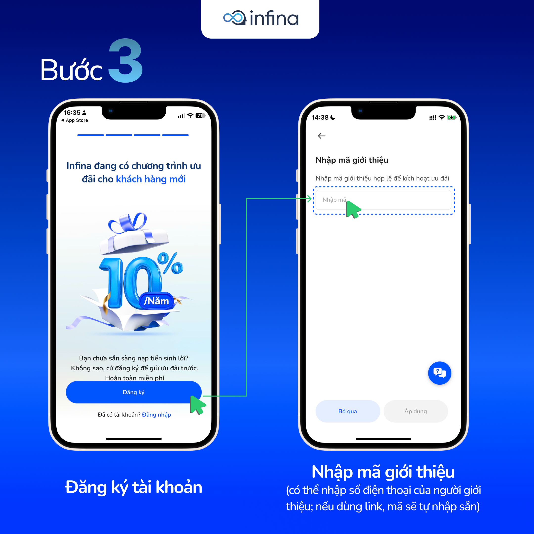Đăng ký tài khoản Infina và nhập mã giới thiệu