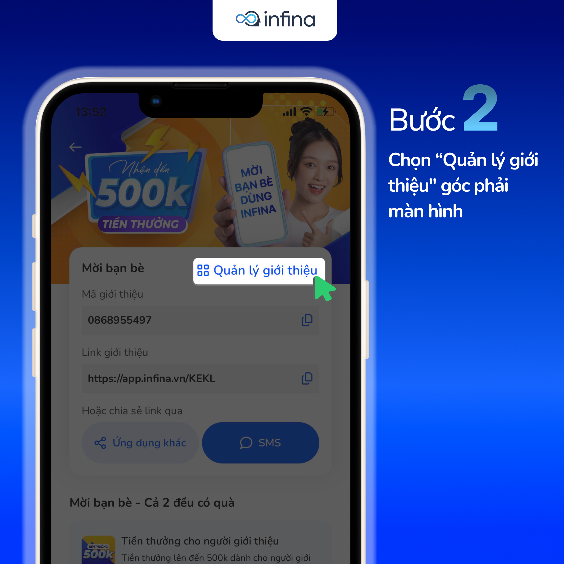 Nhấn Quản lý giới thiệu ở góc phải